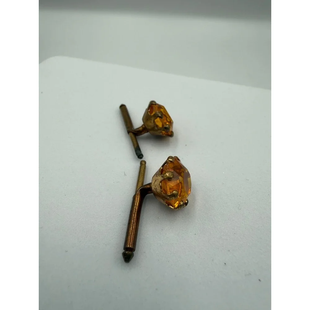 Vintage Amber Glass Stone Cufflinks Bronze Tone Round Faceted T-Bar Mens Jewelry